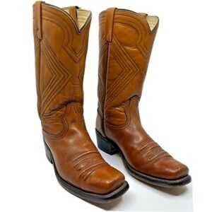 vtg. Acme Cowboy Boots Mens 8D Tan Leather Vintage Square Toe Made in USA Good